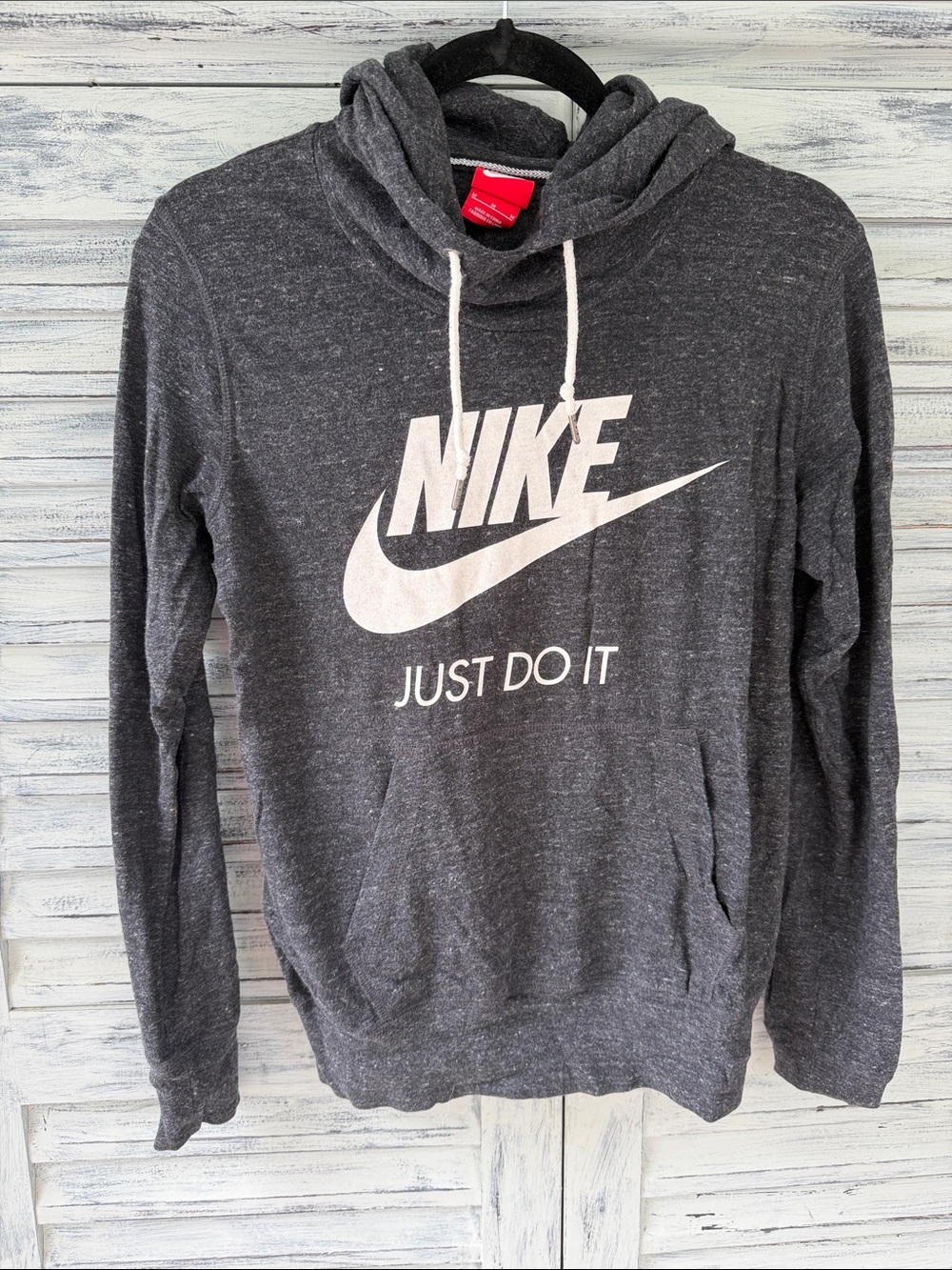 Nike Dark Gray Hoodie with White Swoosh and 'Just Do It' Text